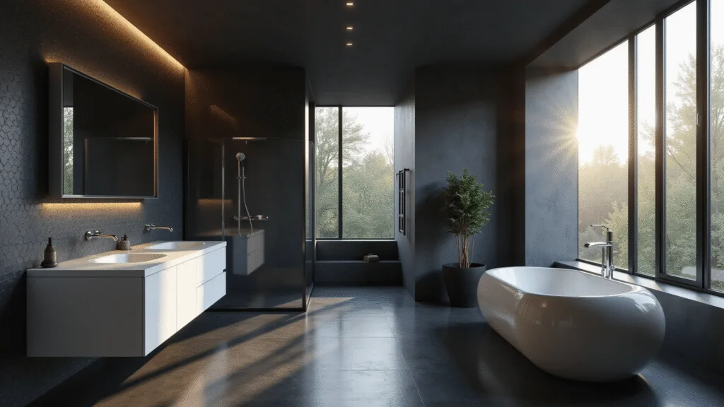 A modern black bathroom featuring matte porcelain tiles, a white quartz floating vanity, and a black-framed glass shower, illuminated by dramatic morning light through a frosted window, with a large backlit mirror and ambient LED lighting.