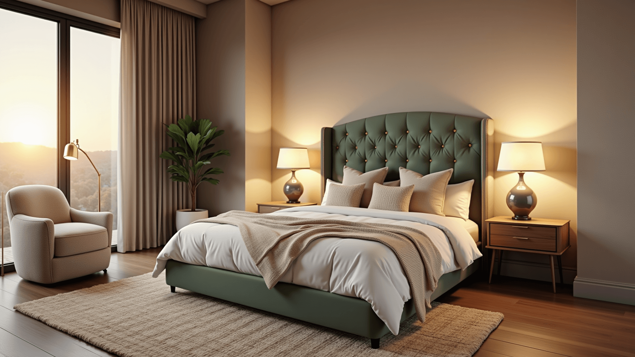 A luxurious master bedroom bathed in golden hour sunlight, featuring a sage green tufted velvet headboard, crisp white linens, and layered textures, with vintage brass lighting and a serene reading nook.