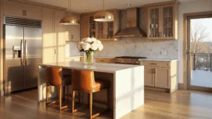 Photorealistic interior of a spacious modern kitchen with beige cabinets, Calacatta marble countertops, cognac leather barstools, and golden hour lighting casting warm tones.
