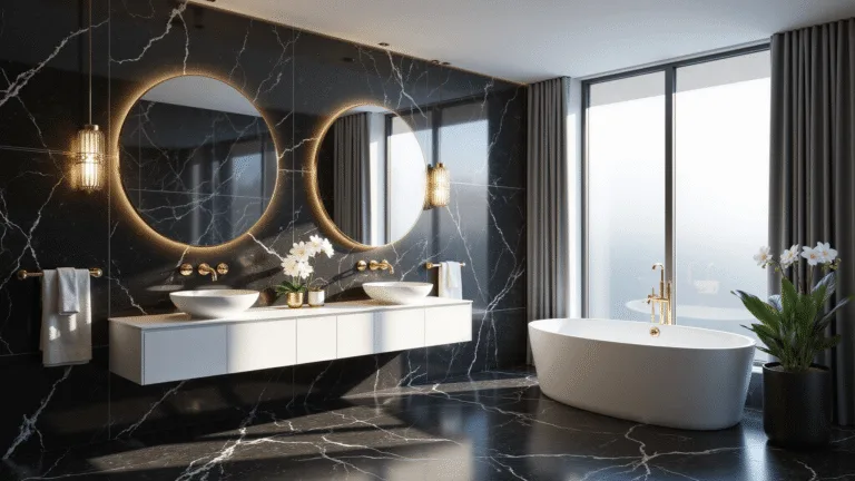 Black Tile Bathrooms: The Ultimate Guide to Dramatic and Sophisticated Design Photorealistic modern bathroom featuring black marble tiles, a white floating double vanity, freestanding soaking tub, gold fixtures, geometric pendant lights, and soft morning sunlight through frosted windows.