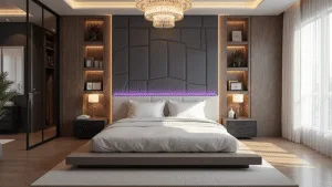 A luxurious Bloxburg-inspired bedroom featuring a king-sized bed, geometric tufted headboard, crystal chandelier, and floor-to-ceiling windows with sheer curtains, illuminated by LED strip lighting and warm golden hour sunlight.