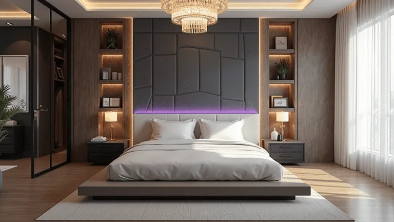 Bloxburg Bedroom Ideas: Unleash Your Creative Virtual Design Potential A luxurious Bloxburg-inspired bedroom featuring a king-sized bed, geometric tufted headboard, crystal chandelier, and floor-to-ceiling windows with sheer curtains, illuminated by LED strip lighting and warm golden hour sunlight.