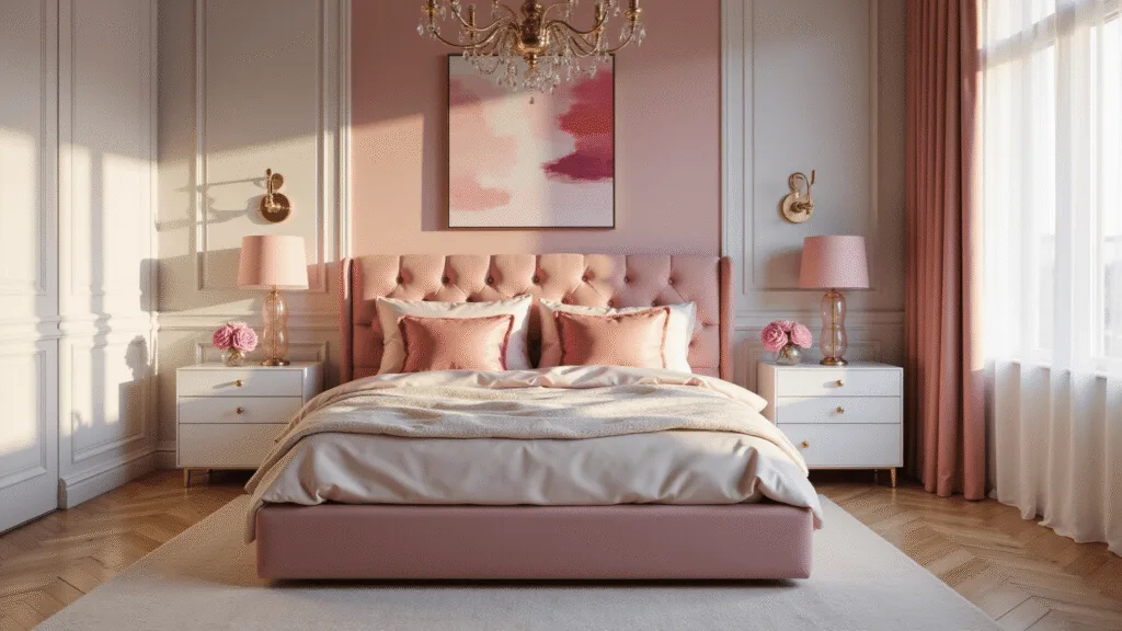 A luxurious pink bedroom featuring a grand upholstered bed with a blush pink velvet headboard, soft dusty rose walls, and warm morning sunlight streaming through sheer white curtains. Decorated with layered silk bedding, textured pillows, a vintage brass chandelier, and modern abstract artwork, the scene showcases white oak herringbone flooring and a plush cream area rug. A white nightstand holds a pink glass lamp and fresh pink peonies. Shot in 8K resolution with shallow depth of field during golden hour.