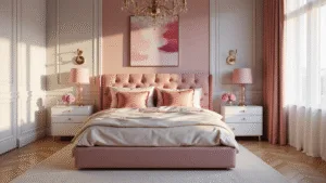 A luxurious pink bedroom featuring a grand upholstered bed with a blush pink velvet headboard, soft dusty rose walls, and warm morning sunlight streaming through sheer white curtains. Decorated with layered silk bedding, textured pillows, a vintage brass chandelier, and modern abstract artwork, the scene showcases white oak herringbone flooring and a plush cream area rug. A white nightstand holds a pink glass lamp and fresh pink peonies. Shot in 8K resolution with shallow depth of field during golden hour.