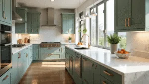 A luxurious sage green kitchen bathed in natural sunlight, featuring custom cabinets with brass hardware, white quartz countertops, a central island with waterfall edges, and high-end stainless steel appliances, all styled with artisanal ceramics and fresh herbs in an airy, inviting atmosphere.