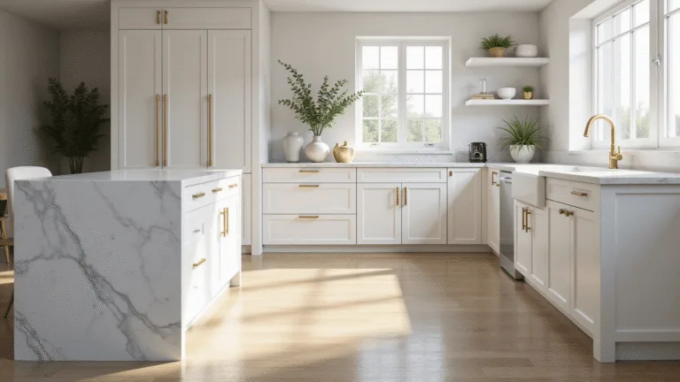 White Kitchen Cabinets: Transforming Your Space with Timeless Elegance A luxurious modern kitchen with white shaker cabinets, brass handles, and a marble waterfall island, illuminated by natural light from floor-to-ceiling windows, showcasing wide-plank white oak flooring and artisanal pottery accents.
