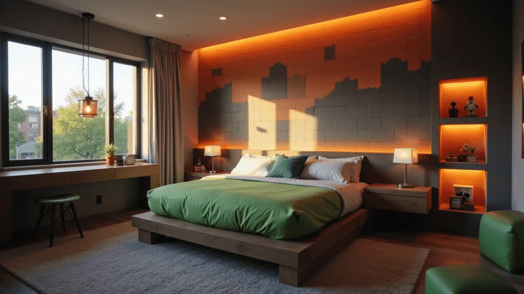 A modern Minecraft-themed bedroom with a block-style platform bed, earthy geometric mural, illuminated collectibles, and ambient LED lighting, captured during golden hour in 8K resolution.