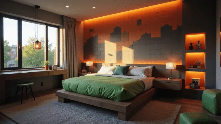 Minecraft Bedroom Ideas: Transform Your Space into a Pixelated Paradise A modern Minecraft-themed bedroom with a block-style platform bed, earthy geometric mural, illuminated collectibles, and ambient LED lighting, captured during golden hour in 8K resolution.