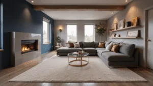 A luxurious transformed basement living space featuring a navy blue accent wall, warm greige walls, a plush L-shaped grey velvet sectional, a contemporary gas fireplace, and layered lighting, all rendered in photorealistic detail.