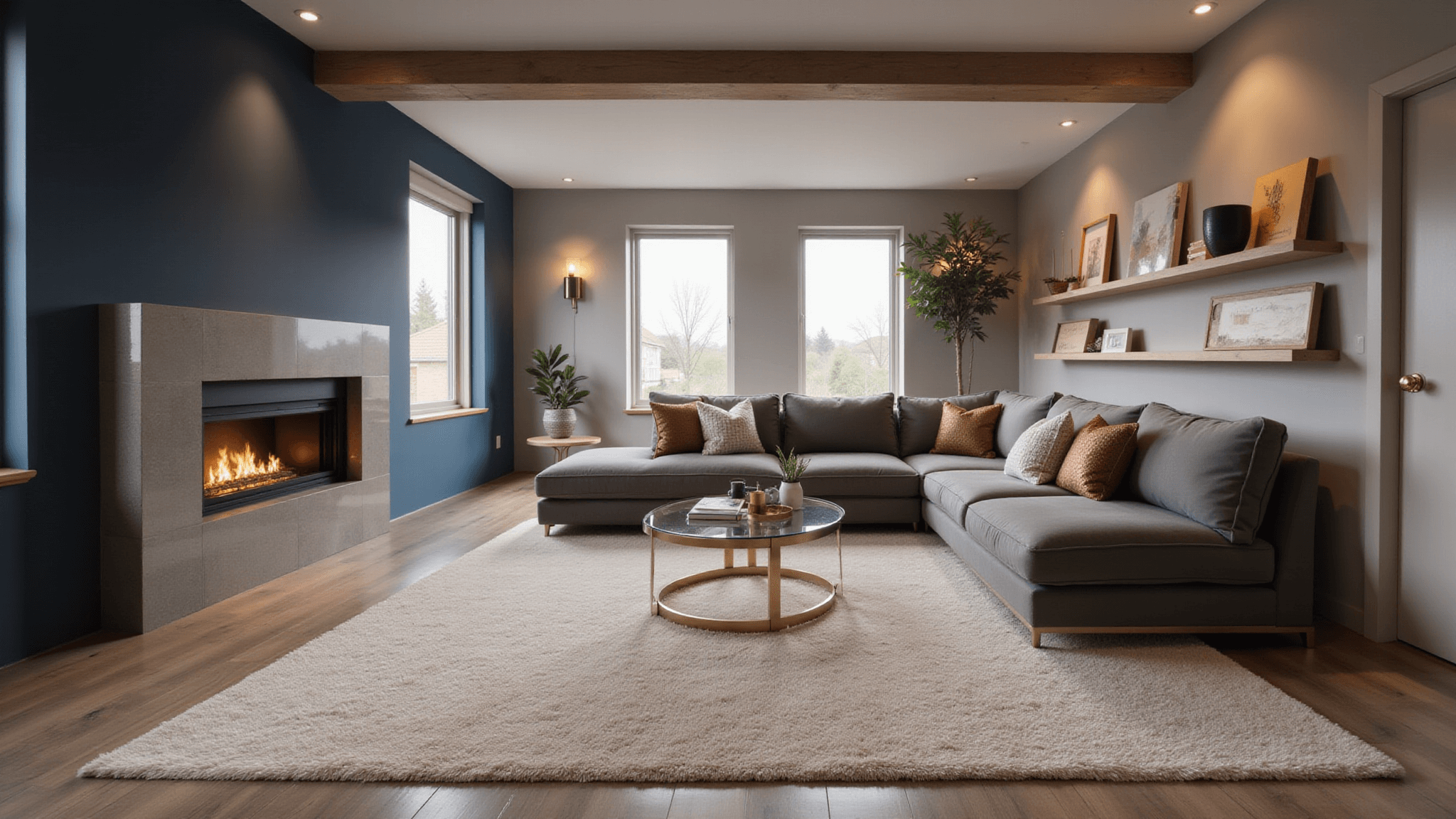 A luxurious transformed basement living space featuring a navy blue accent wall, warm greige walls, a plush L-shaped grey velvet sectional, a contemporary gas fireplace, and layered lighting, all rendered in photorealistic detail.