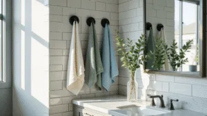 Photorealistic high-end bathroom interior with natural lighting, white subway-tiled wall, matte black towel rings holding Turkish cotton towels in sage, cream, and dusty blue, marble vanity with eucalyptus in a crystal vase, chrome fixtures, shot from a 45-degree angle with shallow depth of field, capturing luxurious textures and a spa-like atmosphere.