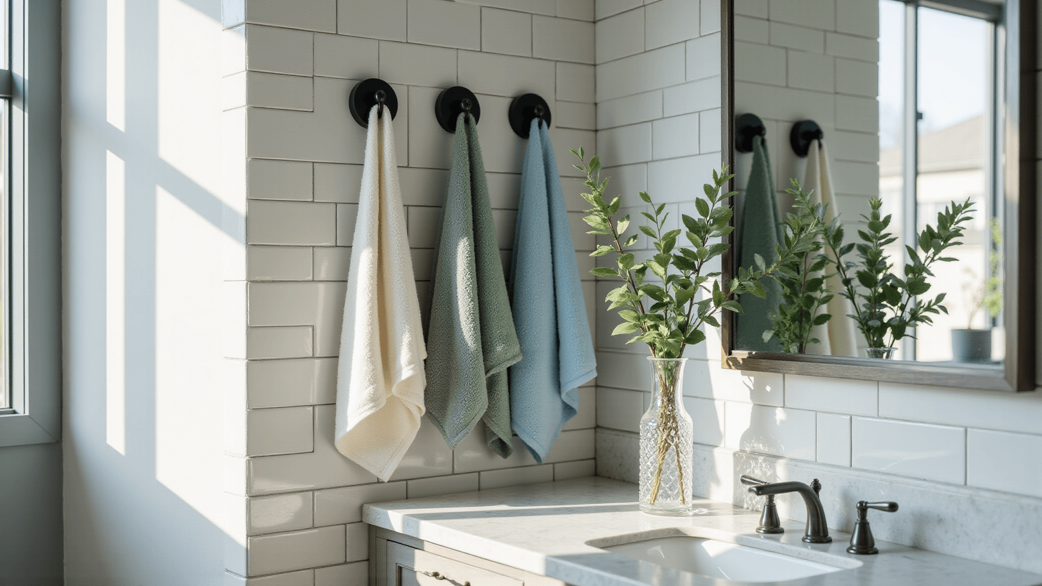 Photorealistic high-end bathroom interior with natural lighting, white subway-tiled wall, matte black towel rings holding Turkish cotton towels in sage, cream, and dusty blue, marble vanity with eucalyptus in a crystal vase, chrome fixtures, shot from a 45-degree angle with shallow depth of field, capturing luxurious textures and a spa-like atmosphere.