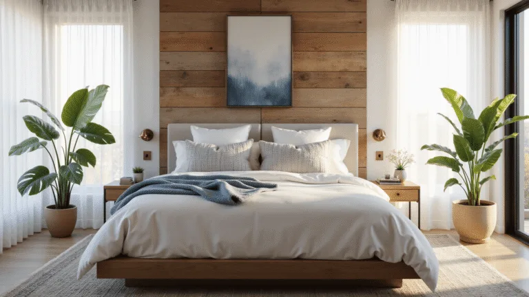 Bedroom Decor Ideas: Transform Your Sleep Sanctuary with Style and Comfort A cozy modern bedroom showcasing layered textures with soft morning sunlight filtering through sheer white curtains, featuring a king-size platform bed adorned with crisp white linens and textured throw pillows, set against a reclaimed wood accent wall, floating oak nightstands, a monstera plant, an antique Persian rug, and an abstract art piece, captured in cinematic composition.