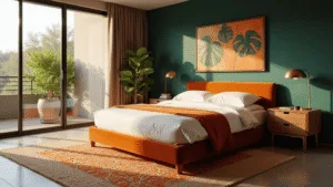 A luxurious modern bedroom featuring an emerald green accent wall, a burnt orange velvet king-size bed with white linens, and golden hour sunlight streaming through large windows, adorned with natural walnut nightstands, brass geometric lamps, layered rugs, a potted monstera plant, and abstract art in green and orange swirls.