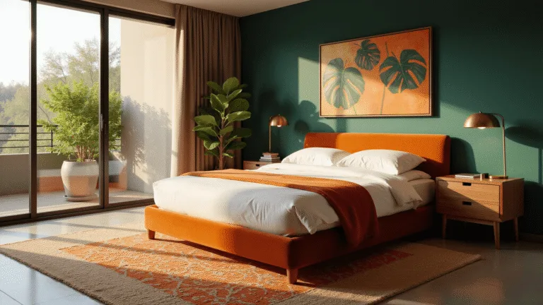 Green and Orange Bedroom: Unleashing Color Magic in Your Personal Sanctuary A luxurious modern bedroom featuring an emerald green accent wall, a burnt orange velvet king-size bed with white linens, and golden hour sunlight streaming through large windows, adorned with natural walnut nightstands, brass geometric lamps, layered rugs, a potted monstera plant, and abstract art in green and orange swirls.