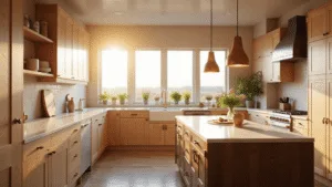 A warm, golden hour shot of a modern farmhouse kitchen featuring light oak Shaker cabinets, a dark walnut island with brass hardware, and white quartz countertops, illuminated by vintage copper pendant lights. A farmhouse sink with herb plants sits under a window, with minimal decor enhancing the hyperrealistic scene.