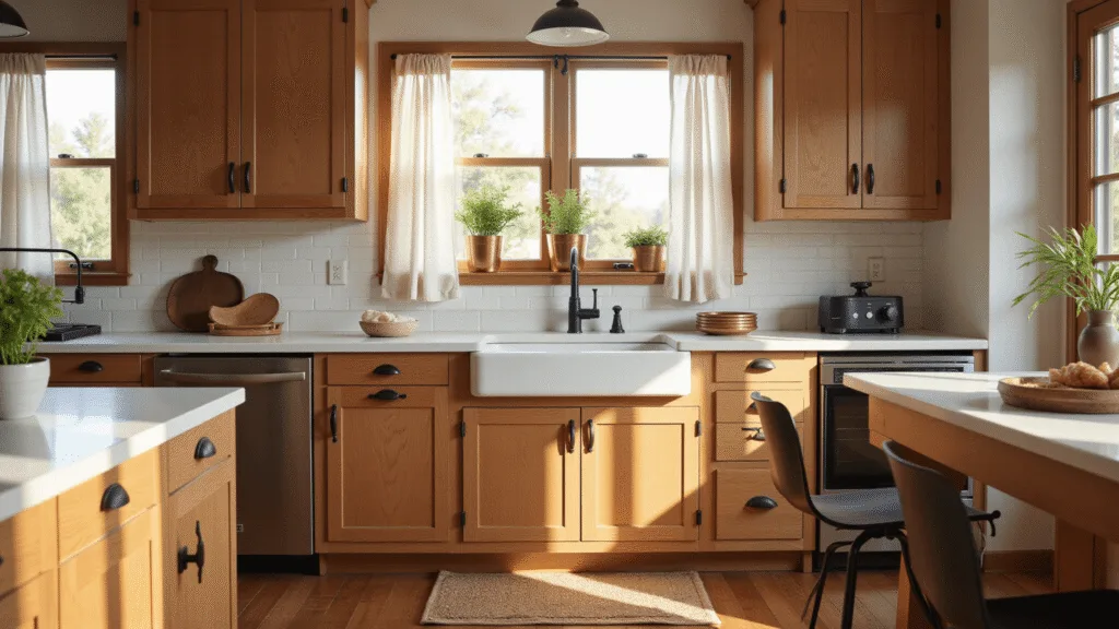 Cinematic modern farmhouse kitchen with honey-toned oak cabinets, matte black hardware, and a white quartz island, illuminated by golden morning light streaming through sheer linen curtains.