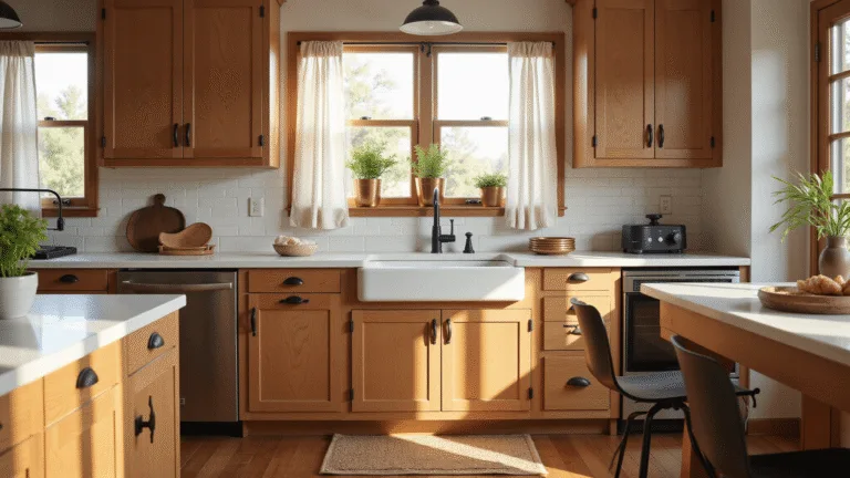 Mastering Wood Kitchen Cabinet Photography: A Comprehensive Guide Cinematic modern farmhouse kitchen with honey-toned oak cabinets, matte black hardware, and a white quartz island, illuminated by golden morning light streaming through sheer linen curtains.