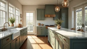 Photorealistic interior of a modern farmhouse kitchen with sage green Shaker cabinets, white marble countertops, farmhouse sink, and vintage glass pendant lights; bathed in golden hour sunlight, highlighting decorative vessels and copper cookware.