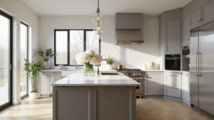 Photorealistic sunlit modern kitchen with dove grey shaker cabinets, white quartz waterfall countertops, and a marble herringbone backsplash, featuring a central island with hydrangeas, natural oak herringbone flooring, floor-to-ceiling windows, and minimalist decor.