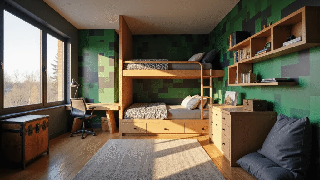A modern boy's bedroom with a Minecraft theme, featuring a loft bed, emerald green accent wall, light oak desk, and gaming memorabilia, illuminated by golden hour light through large windows.