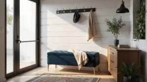 Small Entryway Ideas: Transform Your Tiny Space into a Stylish Welcome Zone Photorealistic interior of a modern minimalist entryway featuring white shiplap walls, a navy velvet storage bench, a brass-framed mirror, and a vintage Persian runner, illuminated by morning sunlight through a frosted glass door, with a living wall of tropical plants.