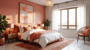 Photorealistic interior photograph of a contemporary pink and orange bedroom featuring a coral-pink accent wall, tangerine velvet headboard, layered white bedding, and brass side tables, illuminated by golden hour light through sheer curtains.