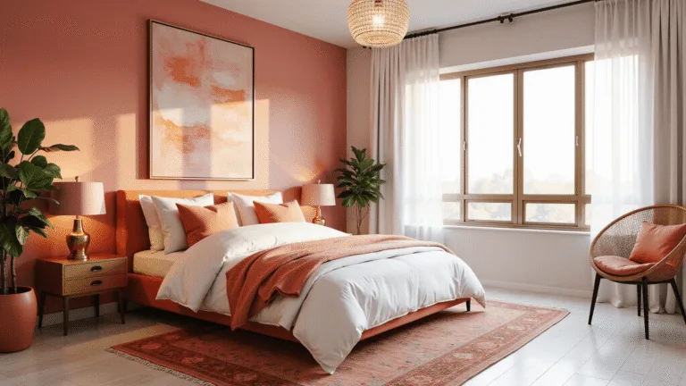 Pink and Orange Bedroom: A Vibrant Design Revolution Photorealistic interior photograph of a contemporary pink and orange bedroom featuring a coral-pink accent wall, tangerine velvet headboard, layered white bedding, and brass side tables, illuminated by golden hour light through sheer curtains.