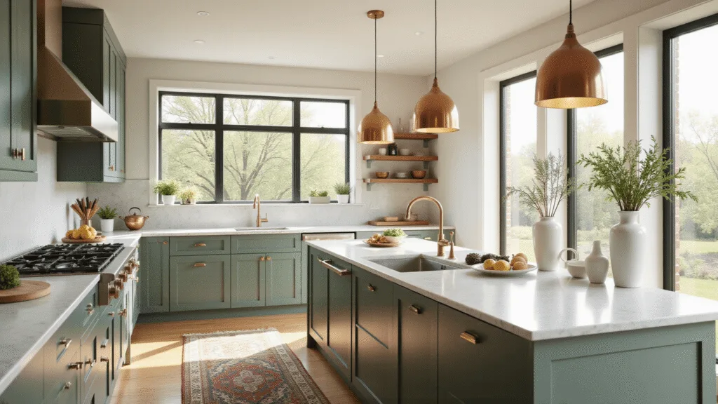 A spacious modern kitchen featuring sage green shaker cabinets, cream walls, and Carrara marble countertops, illuminated by morning sunlight through large east-facing windows, with a white oak island, brass pendant lights, and copper cookware on open shelves, accented by fresh herbs in vases and a vintage Persian runner rug.