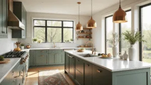 A spacious modern kitchen featuring sage green shaker cabinets, cream walls, and Carrara marble countertops, illuminated by morning sunlight through large east-facing windows, with a white oak island, brass pendant lights, and copper cookware on open shelves, accented by fresh herbs in vases and a vintage Persian runner rug.