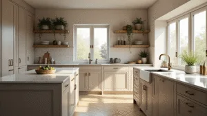 Taupe Kitchen Cabinets: The Ultimate Guide to Warm, Sophisticated Design Photorealistic modern kitchen with taupe shaker cabinets, a white quartz waterfall island, and natural morning light from floor-to-ceiling windows, featuring herringbone oak flooring and a textured cream backsplash, styled with copper cookware and trailing ivy plants.