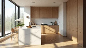 Photorealistic image of a sunlit modern kitchen featuring rift-cut white oak cabinets, a quartz waterfall island, and wide-plank flooring, styled with a white orchid and brass fruit bowl, emphasizing warm wood tones and natural light.