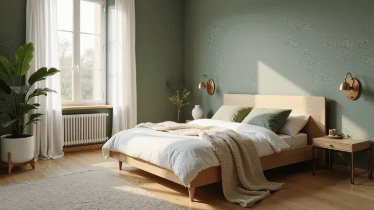 Green Bedroom Ideas: Your Ultimate Guide to Creating a Tranquil Nature-Inspired Sanctuary A serene sage green bedroom featuring a modern low-profile platform bed with white bedding, morning sunlight filtering through sheer curtains, and layered textures including a chunky knit throw, a fiddle leaf fig plant, and a hand-knotted wool rug, all captured in a cinematic, photorealistic style.