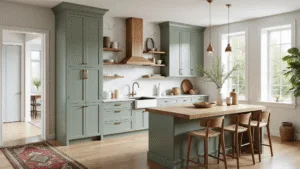 Photorealistic interior of a sage green modern kitchen with marble countertops, brass fixtures, and white oak elements, illuminated by natural light.