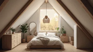 A serene Scandinavian attic bedroom bathed in warm golden hour light, featuring sloped white ceilings, exposed oak beams, a minimalist queen bed with cloud-white linen, vintage brass mirror, sculptural rattan pendant light, and lush monstera plants, all atop light oak floors and a woven jute rug.