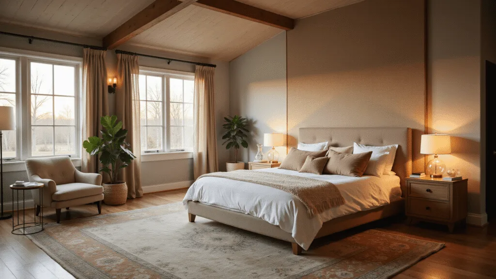 Cinematic wide-angle shot of a serene luxury master bedroom during golden hour, featuring a plush king-size bed with layered textures, weathered oak nightstands, vintage Persian rug, cozy reading nook, and sophisticated decor, all bathed in warm natural light.