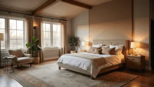 Cinematic wide-angle shot of a serene luxury master bedroom during golden hour, featuring a plush king-size bed with layered textures, weathered oak nightstands, vintage Persian rug, cozy reading nook, and sophisticated decor, all bathed in warm natural light.