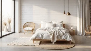 A photorealistic image of a serene minimalist white bedroom bathed in soft morning light, featuring a low-profile platform bed, natural oak flooring, and stylish decor elements like a rattan chair and dried pampas grass vases.