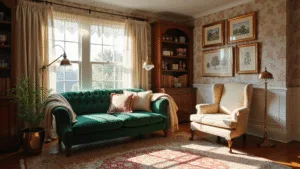 Photorealistic image of a sunlit Victorian living room featuring an emerald green velvet Chesterfield sofa, floral wallpaper, and layered Persian rugs, illuminated by morning light through floor-to-ceiling windows, with a blend of vintage and modern decor elements.