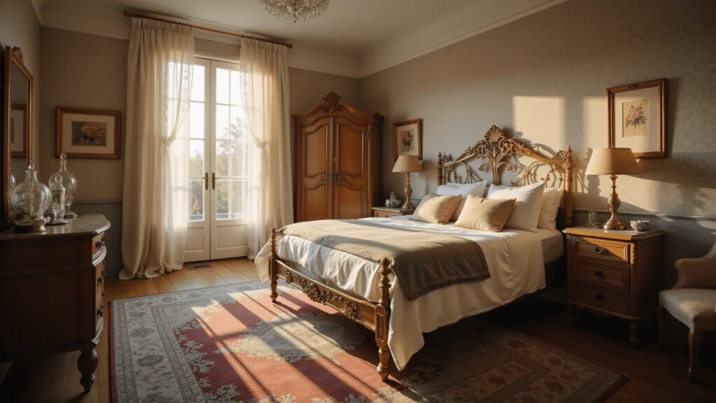 A warm, sunlit vintage bedroom featuring a brass bed frame, layered white linens, and a muted quilt, with ivory lace curtains and an ornate oak armoire. Distressed nightstands with mercury glass lamps, a Persian rug, and vintage botanical prints complete the romantic boudoir atmosphere.