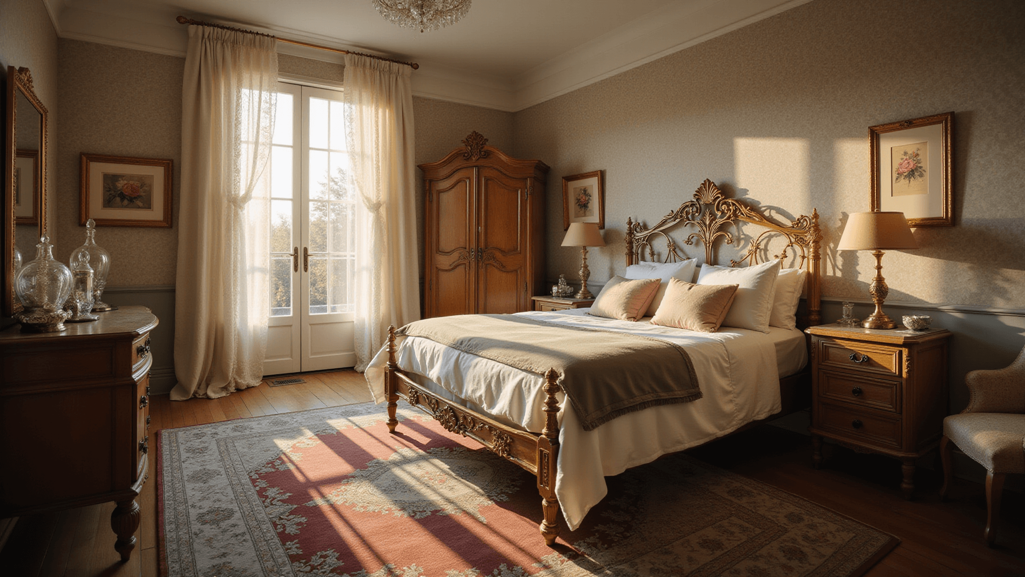 A warm, sunlit vintage bedroom featuring a brass bed frame, layered white linens, and a muted quilt, with ivory lace curtains and an ornate oak armoire. Distressed nightstands with mercury glass lamps, a Persian rug, and vintage botanical prints complete the romantic boudoir atmosphere.