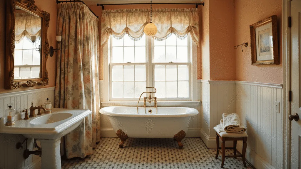 A sun-drenched vintage bathroom featuring peach walls, white beadboard wainscoting, and an antique clawfoot tub with brass fixtures, accented by a floral shower curtain and illuminated by golden hour light through a frosted window.