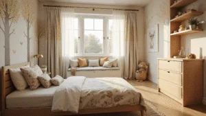 Whimsical woodland-themed children's bedroom featuring natural wood furniture, twin bed with forest-themed bedding, and hand-painted tree murals, illuminated by soft natural light through sheer botanical curtains, with a cozy reading nook and magical atmosphere.