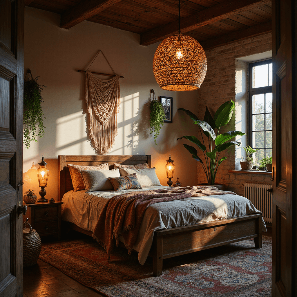 A cozy bohemian bedroom featuring exposed wooden beams, a low-profile bed with layered textiles, and warm lighting from vintage brass floor lamps and Moroccan-style table lamps, captured at twilight with intricate shadow patterns and organic elements like macramé wall hangings and trailing plants.