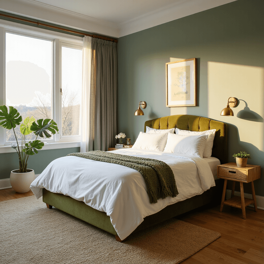 A serene sage green bedroom featuring a king-size bed with white sheets and a chunky sage throw, illuminated by golden hour sunlight through sheer curtains, with vintage brass sconces and natural elements like a monstera plant and rattan side tables.