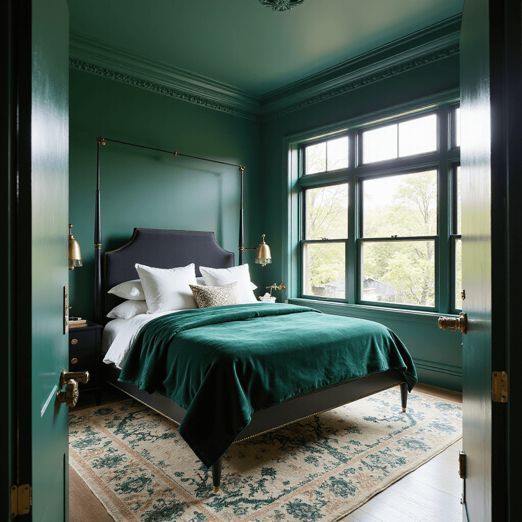 An elegant emerald green primary bedroom featuring a dramatic tray ceiling and crown molding, with morning light streaming through black steel frame windows. The room includes a modern four-poster bed dressed in emerald velvet and white linen pillows, set on a vintage Persian rug. The composition captures the room from the doorway with focus on the bed.