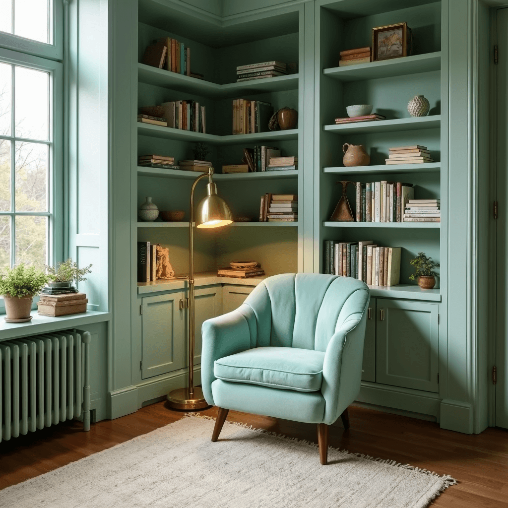 A cozy mint green reading nook featuring a plush seafoam green velvet accent chair illuminated by a modern brass floor lamp, surrounded by pale mint built-in bookshelves filled with vintage books and ceramics, all set against a handwoven cream wool rug, captured during blue hour.