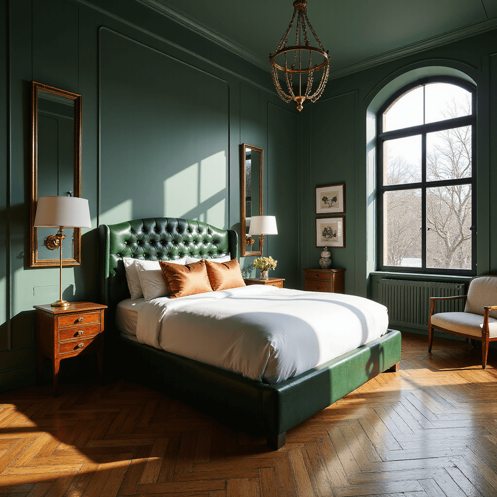 A luxurious forest green bedroom suite featuring architectural archways, herringbone hardwood floors, and dramatic afternoon light from black steel-framed windows. The room includes a channel-tufted king bed in forest green leather with white Italian linens and copper-colored silk pillows, complemented by art deco-inspired mirrors and lighting fixtures. The elevated view highlights the floor pattern and room layout.