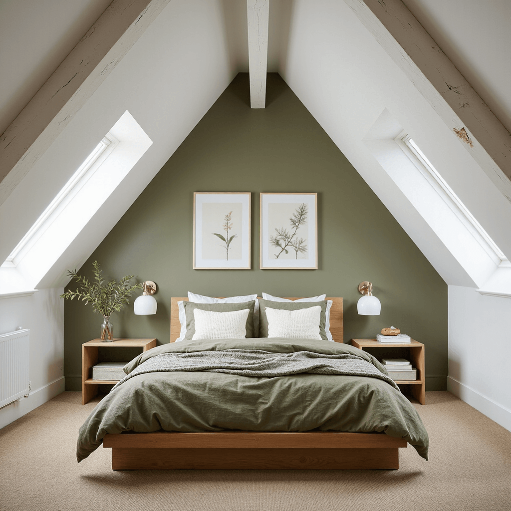 A tranquil olive green bedroom retreat with vaulted ceilings and exposed white wooden beams, featuring a low-profile platform bed dressed in olive linen bedding and cream bouclé pillows. Natural light streams through skylights, highlighting a gallery wall of botanical prints and handmade ceramic pendant lights.