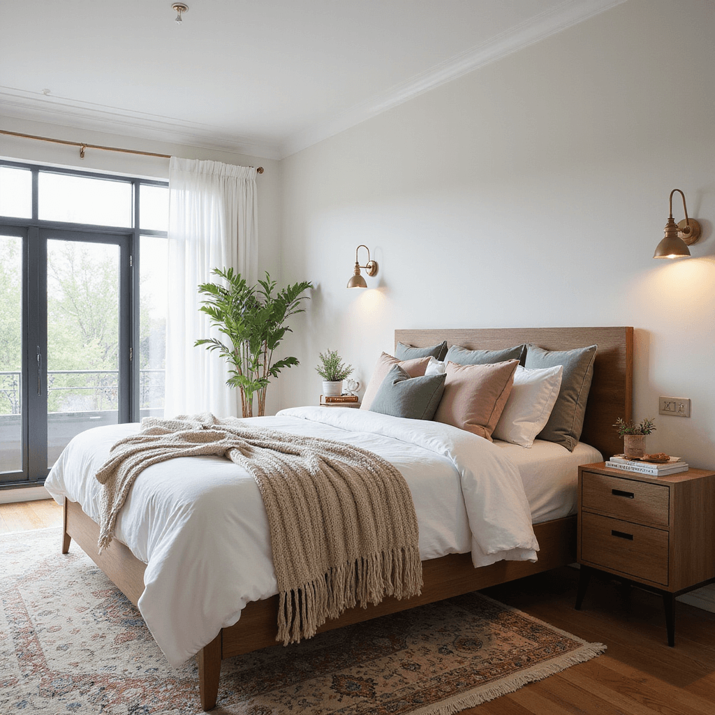 A serene modern bedroom with morning light streaming through floor-to-ceiling windows, featuring a king-sized bed with white linen and cream textiles, a vintage Persian rug, and warm brass wall sconces, captured from a low corner angle emphasizing texture and light interplay.